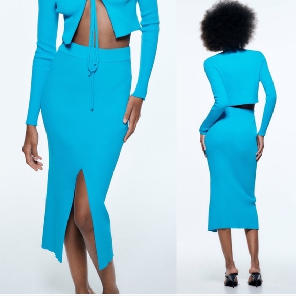 ZARA Ribbed Knit High-waist Midi Skirt w/ Elastic Waistband BackVent.Aqua Blue.M - Picture 3 of 16